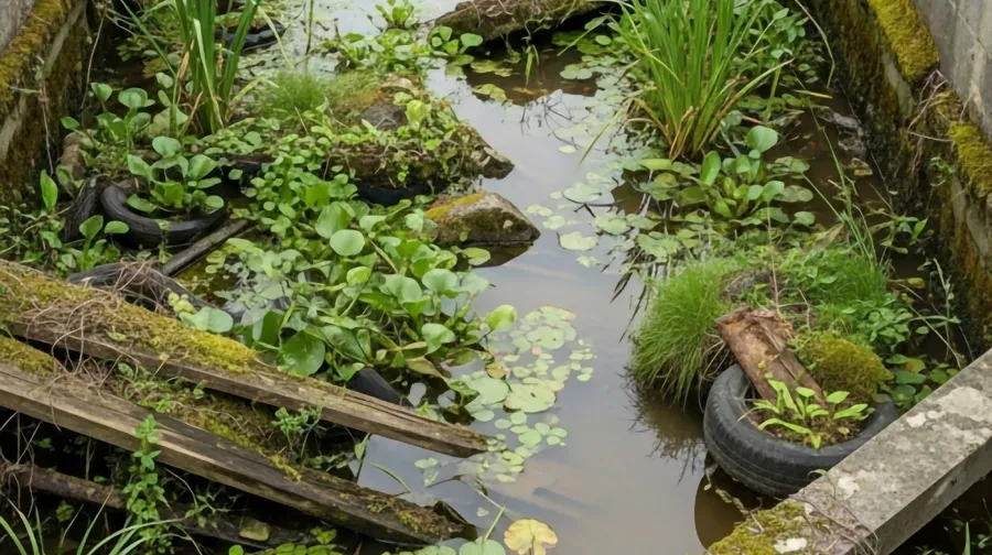 A canal with many plants growing on it